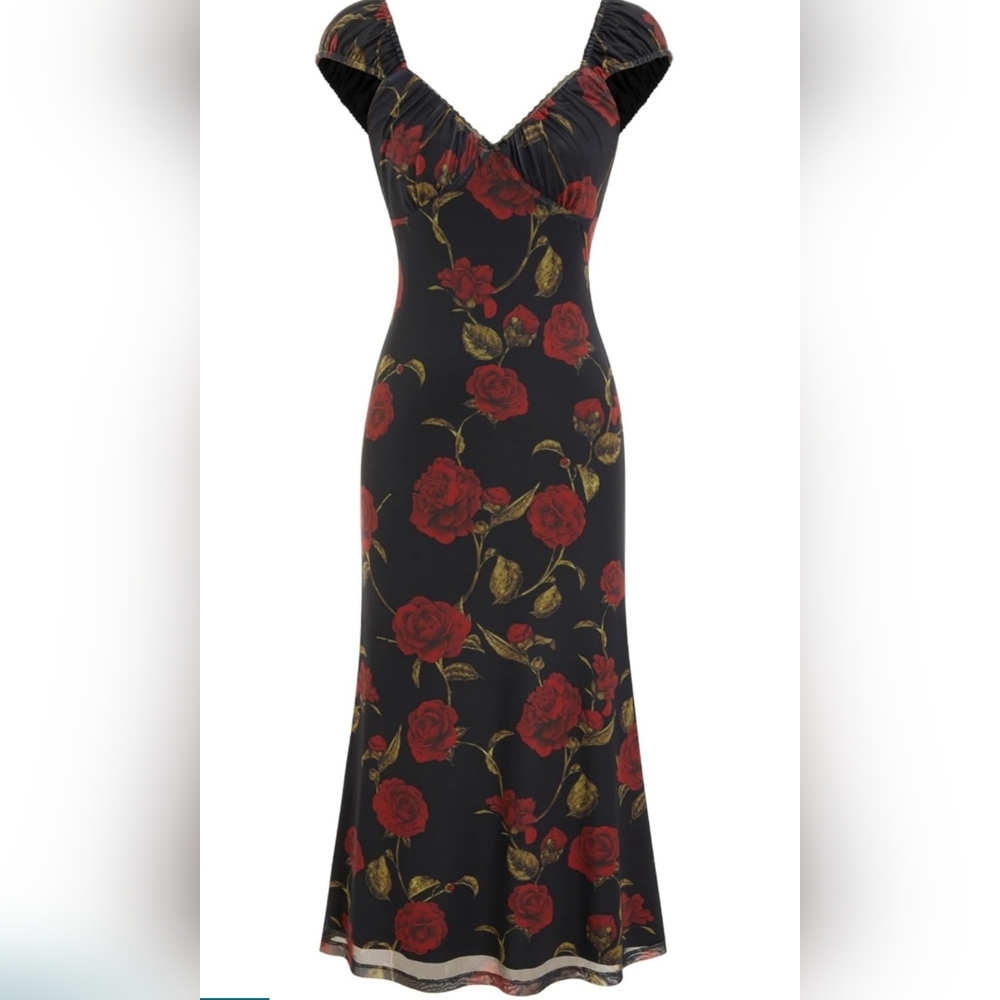 Elegant Black and Red Floral Dress